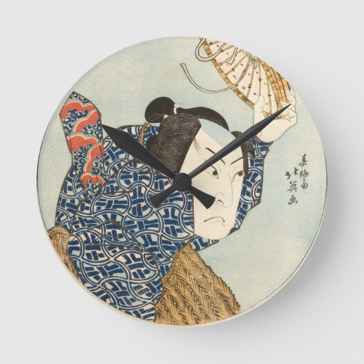Japanese Ukiyo-e Rain Scene Wall Clock – Samurai w ラウンド壁時計 (正面)