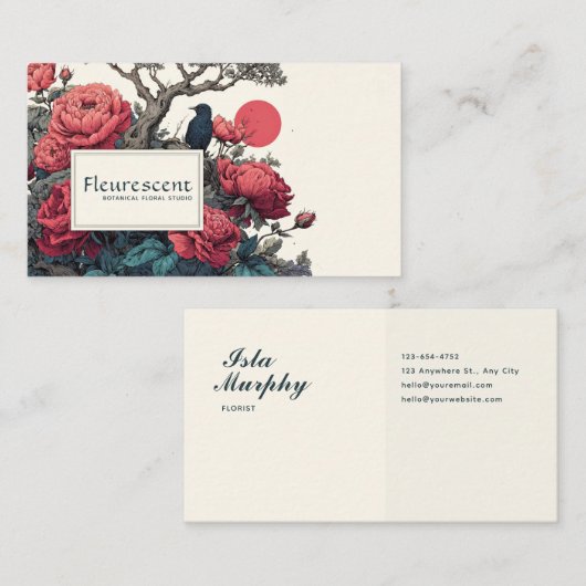 Japanese Ukiyo-e Style Red Peony Black Bird 名刺 (正面/裏面)
