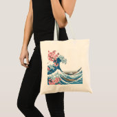 Japanese Ukiyo-e Wave and Cherry Blossom Tote Bag トートバッグ (正面(商品))