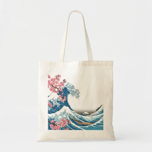 Japanese Ukiyo-e Wave and Cherry Blossom Tote Bag トートバッグ (正面)