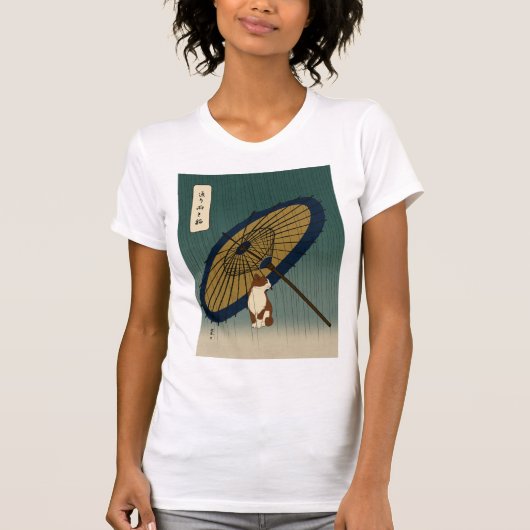 Japanese Ukiyoe Rainy Cat Tシャツ (正面)