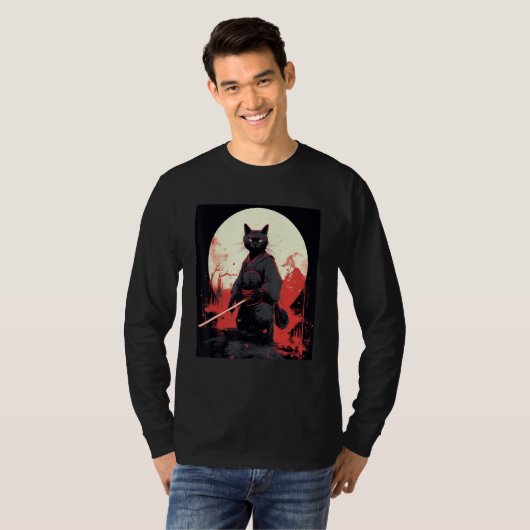 Japanese Warrior Cat Ninja Mask Kitsune Tシャツ (正面フル)