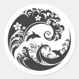 Japanese Wave & Hibiscus charcoal black ラウンドシール