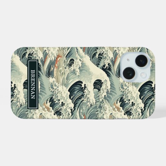 Japanese Wave Pattern Monogrammed iPhone 15ケース (裏面横)