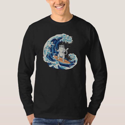 Japanese Wave Surfing Cat Eating Sushi  1 Tシャツ (正面)