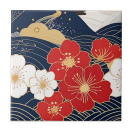 Japanese Waves and Blossoms Ceramic Tile - Piece 1 タイル