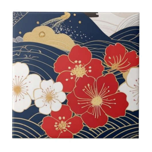 Japanese Waves and Blossoms Ceramic Tile - Piece 1 タイル (正面)