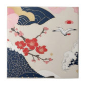 Japanese Waves and Blossoms Ceramic Tile - Piece 2 タイル (正面)