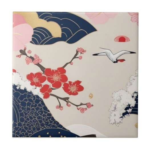 Japanese Waves and Blossoms Ceramic Tile - Piece 2 タイル (正面)
