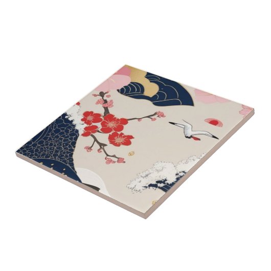 Japanese Waves and Blossoms Ceramic Tile - Piece 2 タイル (側面)
