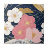 Japanese Waves and Blossoms Ceramic Tile - Piece 3 タイル (正面)