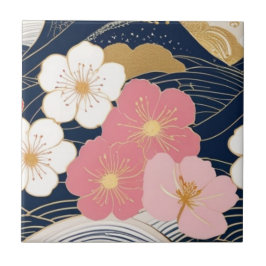 Japanese Waves and Blossoms Ceramic Tile - Piece 3 タイル