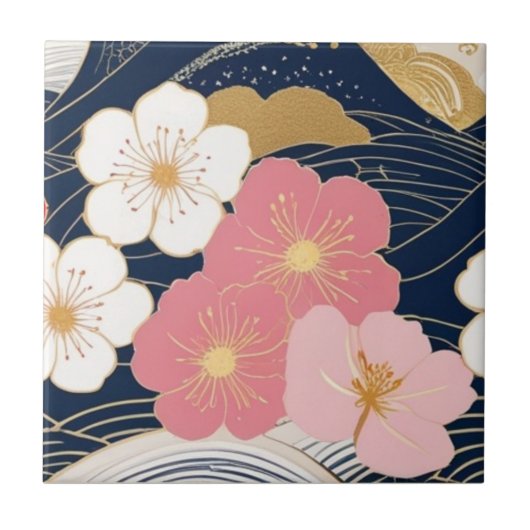 Japanese Waves and Blossoms Ceramic Tile - Piece 3 タイル (正面)
