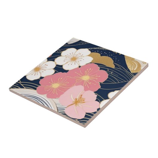 Japanese Waves and Blossoms Ceramic Tile - Piece 3 タイル (側面)