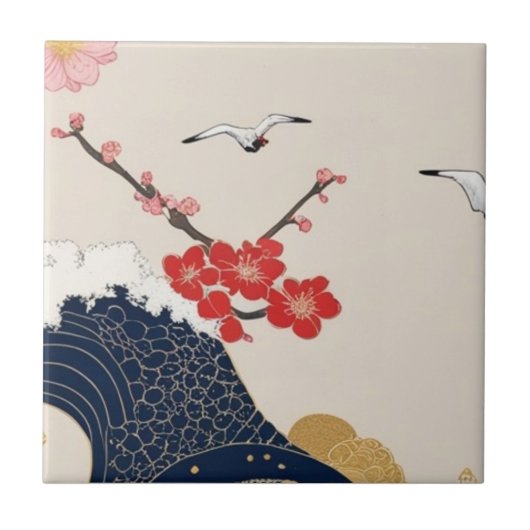 Japanese Waves and Blossoms Ceramic Tile - Piece 4 タイル (正面)