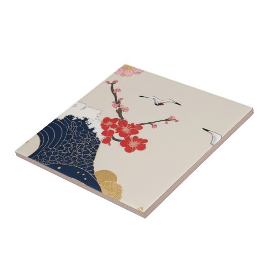 Japanese Waves and Blossoms Ceramic Tile - Piece 4 タイル (側面)
