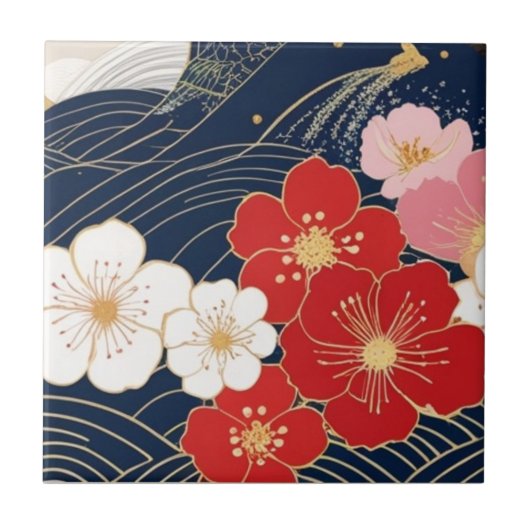 Japanese Waves and Blossoms Ceramic Tile - Piece 5 タイル (正面)