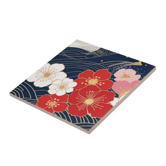 Japanese Waves and Blossoms Ceramic Tile - Piece 5 タイル (側面)