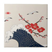 Japanese Waves and Blossoms Ceramic Tile - Piece 6 タイル (正面)