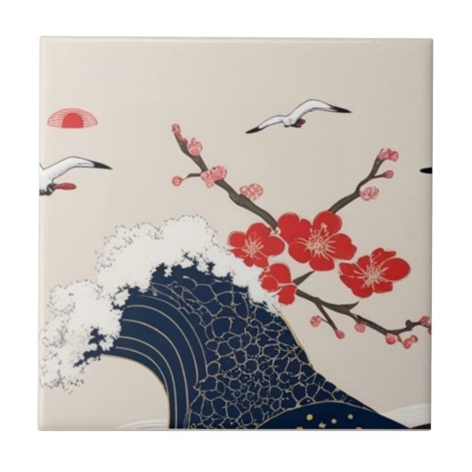Japanese Waves and Blossoms Ceramic Tile - Piece 6 タイル (正面)