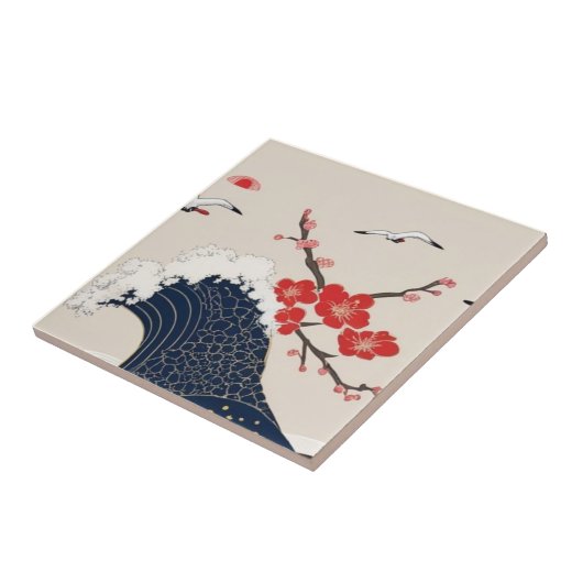 Japanese Waves and Blossoms Ceramic Tile - Piece 6 タイル (側面)