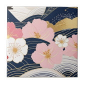 Japanese Waves and Blossoms Ceramic Tile - Piece 7 タイル (正面)