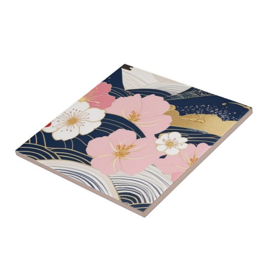 Japanese Waves and Blossoms Ceramic Tile - Piece 7 タイル (側面)