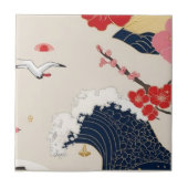 Japanese Waves and Blossoms Ceramic Tile - Piece 8 タイル (正面)