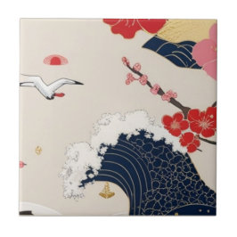 Japanese Waves and Blossoms Ceramic Tile - Piece 8 タイル