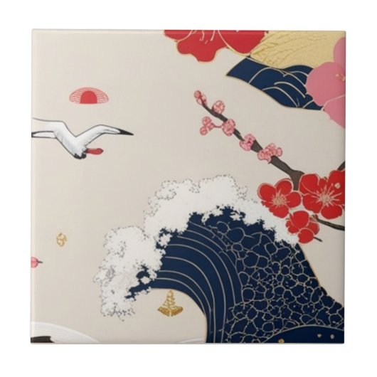Japanese Waves and Blossoms Ceramic Tile - Piece 8 タイル (正面)