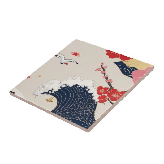 Japanese Waves and Blossoms Ceramic Tile - Piece 8 タイル (側面)