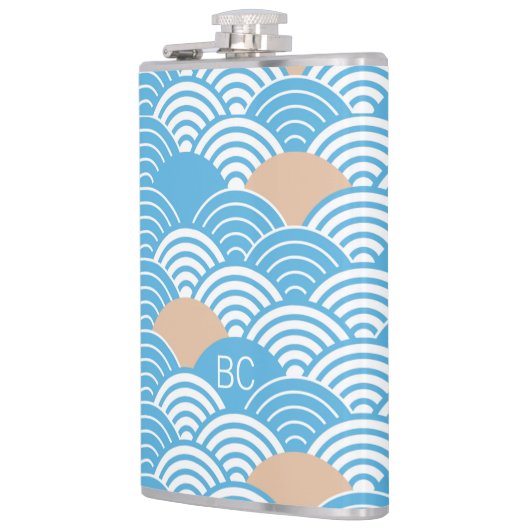Japanese Waves Pattern Light Blue Beige Monograms フラスク (左)