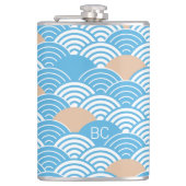 Japanese Waves Pattern Light Blue Beige Monograms フラスク (正面)