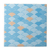 Japanese Waves Pattern Light Blue Beige White タイル (正面)