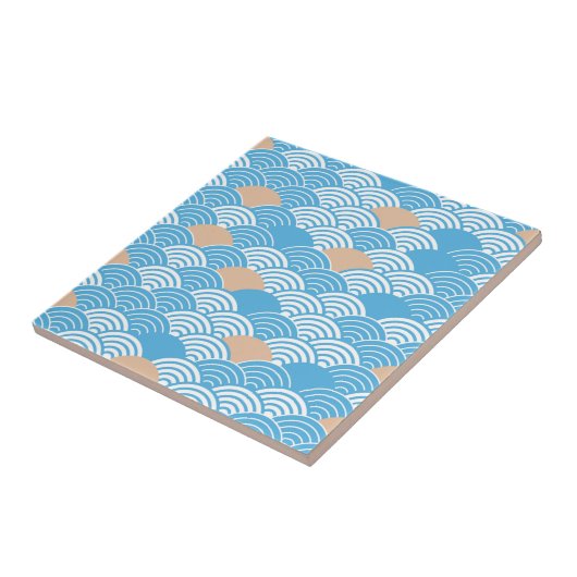 Japanese Waves Pattern Light Blue Beige White タイル (側面)