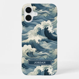Japanese Waves Pattern Monogrammed iPhone 16 Plusケース