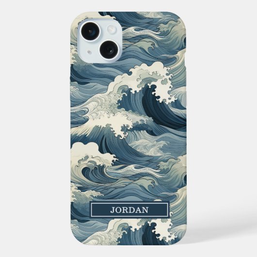 Japanese Waves Pattern Monogrammed iPhoneケース (裏面)