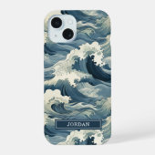Japanese Waves Pattern Monogrammed iPhone 15ケース (裏面)