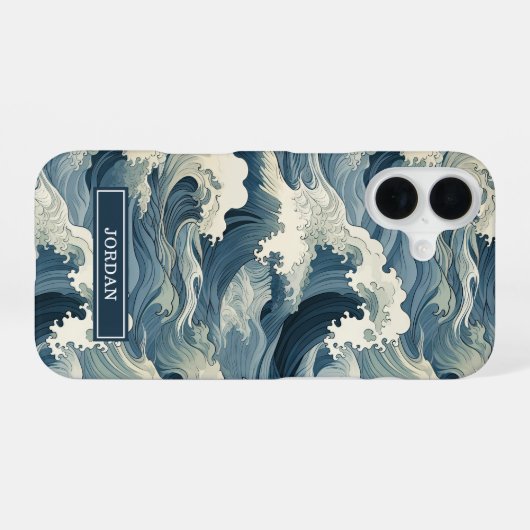 Japanese Waves Pattern Monogrammed iPhone 16ケース (裏面横)