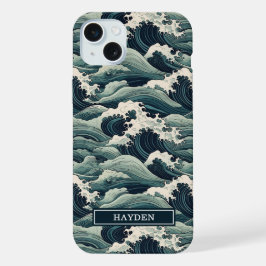 Japanese Waves Print Monogrammed iPhone 15 Plusケース