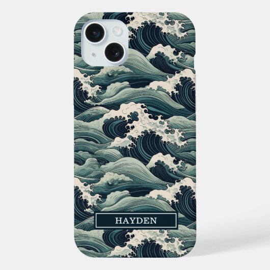 Japanese Waves Print Monogrammed iPhoneケース (裏面)