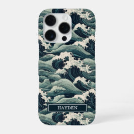 Japanese Waves Print Monogrammed iPhone 16 Proケース