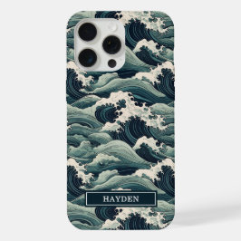 Japanese Waves Print Monogrammed iPhone 15 Pro Maxケース