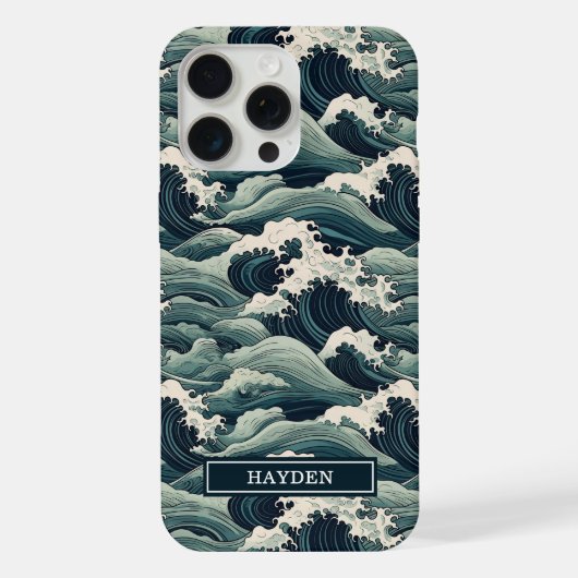 Japanese Waves Print Monogrammed iPhoneケース (裏面)