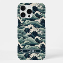 Japanese Waves Print Monogrammed iPhone 16 Pro Maxケース