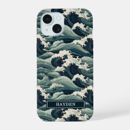 Japanese Waves Print Monogrammed iPhone 15ケース