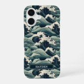 Japanese Waves Print Monogrammed iPhone 16ケース (裏面)