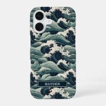 Japanese Waves Print Monogrammed