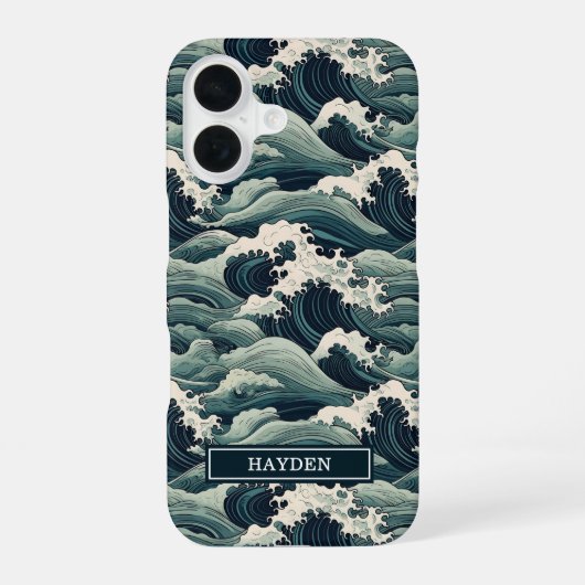 Japanese Waves Print Monogrammed iPhone 16ケース (裏面)
