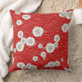 Japanese White Chysanthemums on Red Waves クッション (ブランケット)